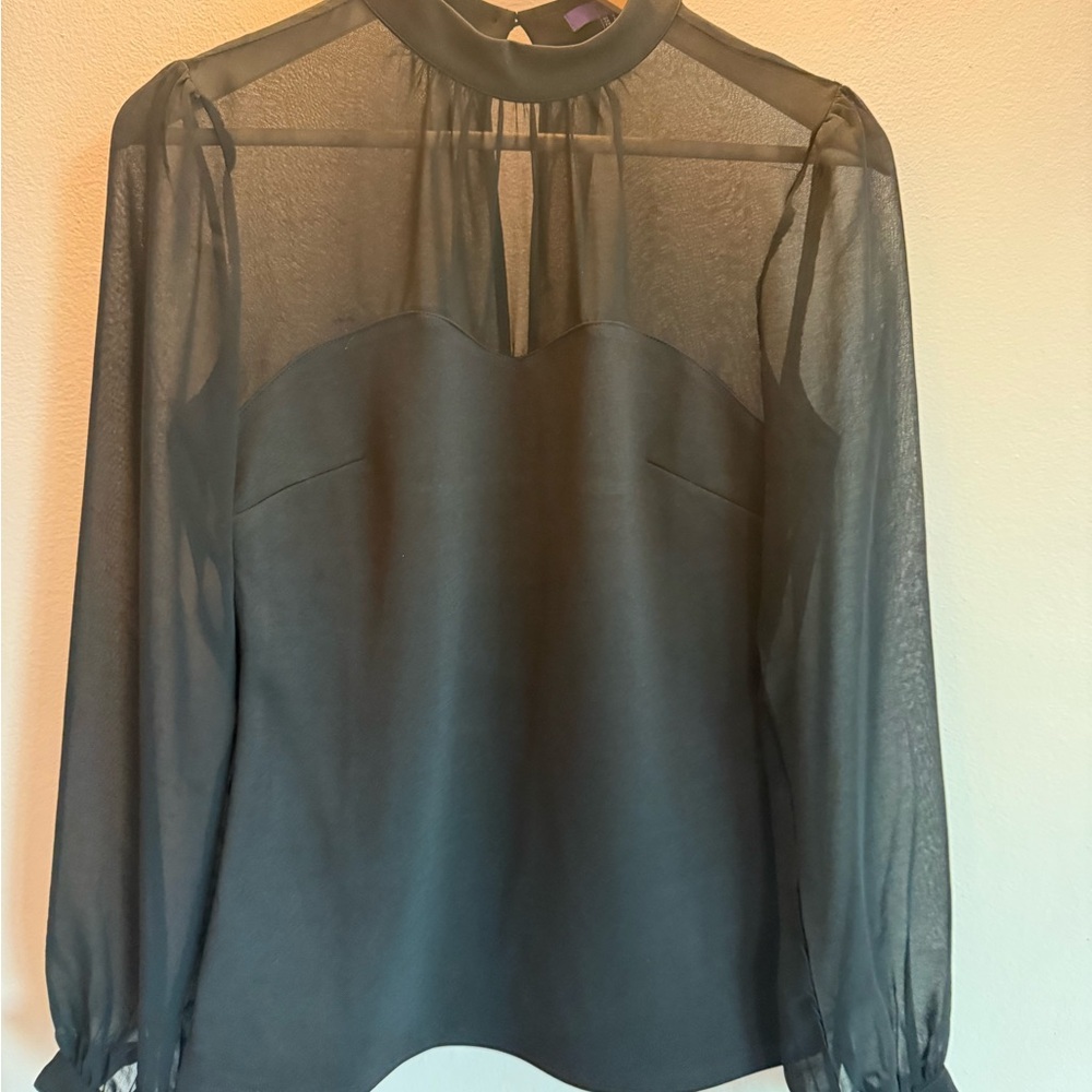 Forever 21 Womens Black Sheer Mesh Mock Neck Long Sleeve Blouse Small